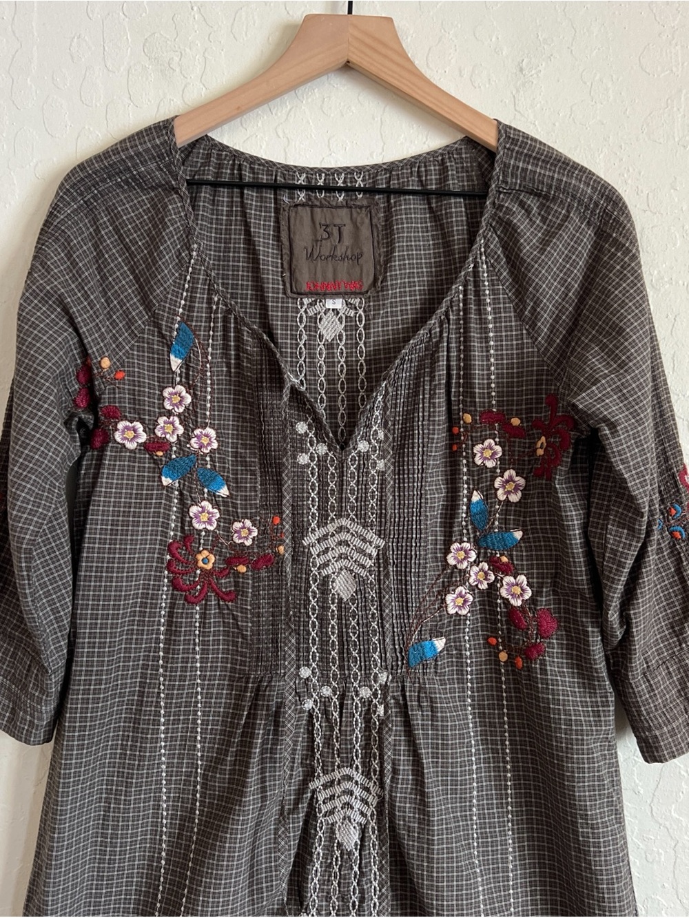 Johnny Was 3J Workshop Plaid Floral Embroidered Tunic Dress Small Boho Colorful - Picture 2 of 5